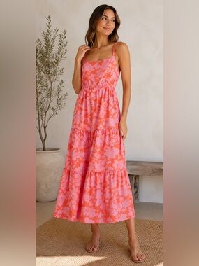 Social Standard by Sanctuary Sleeveless Pink & Coral Floral Tiered Midi Dress XL